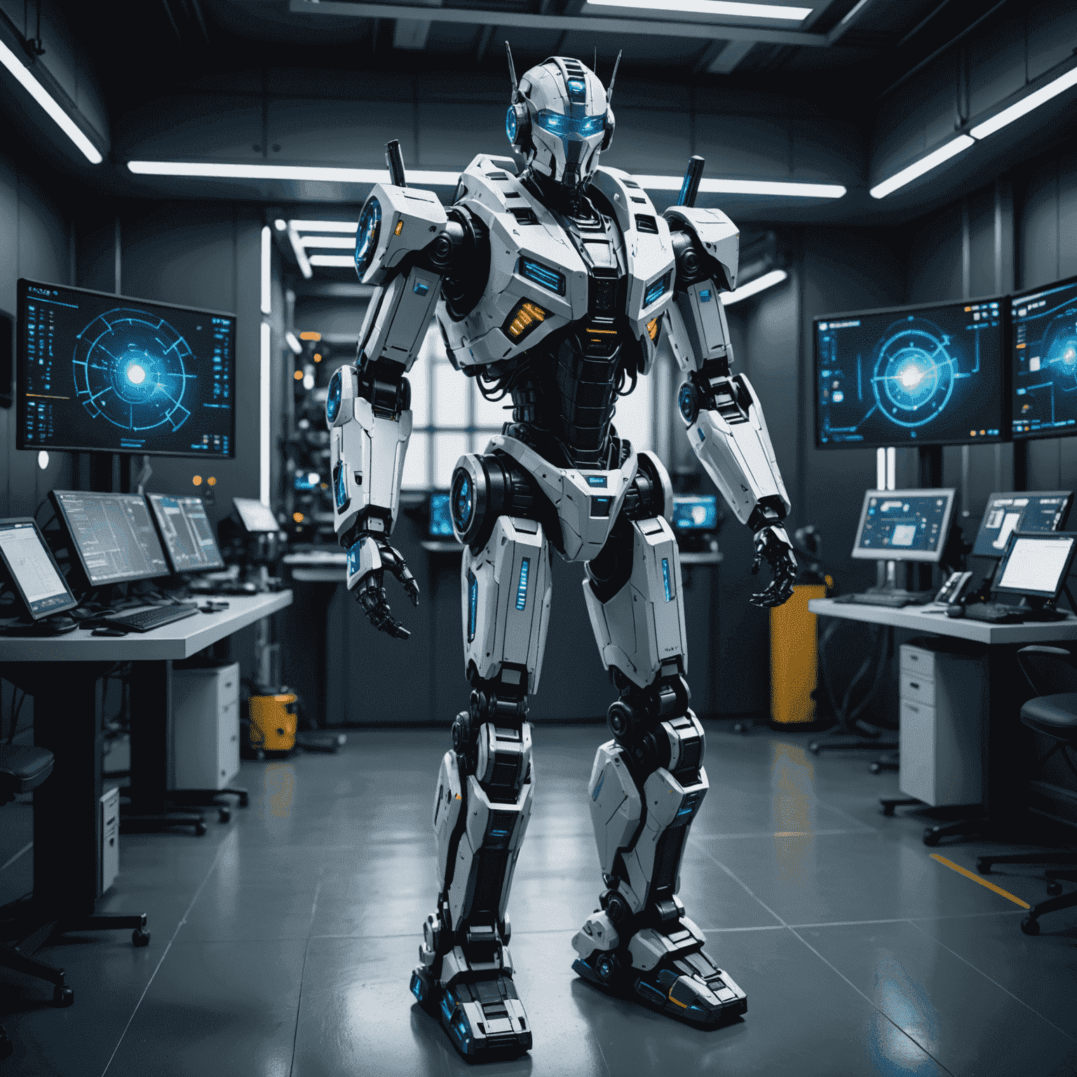 Optimus Gen 2 robot showcasing its advanced AI capabilities in a futuristic laboratory setting, with holographic displays showing complex algorithms and data patterns