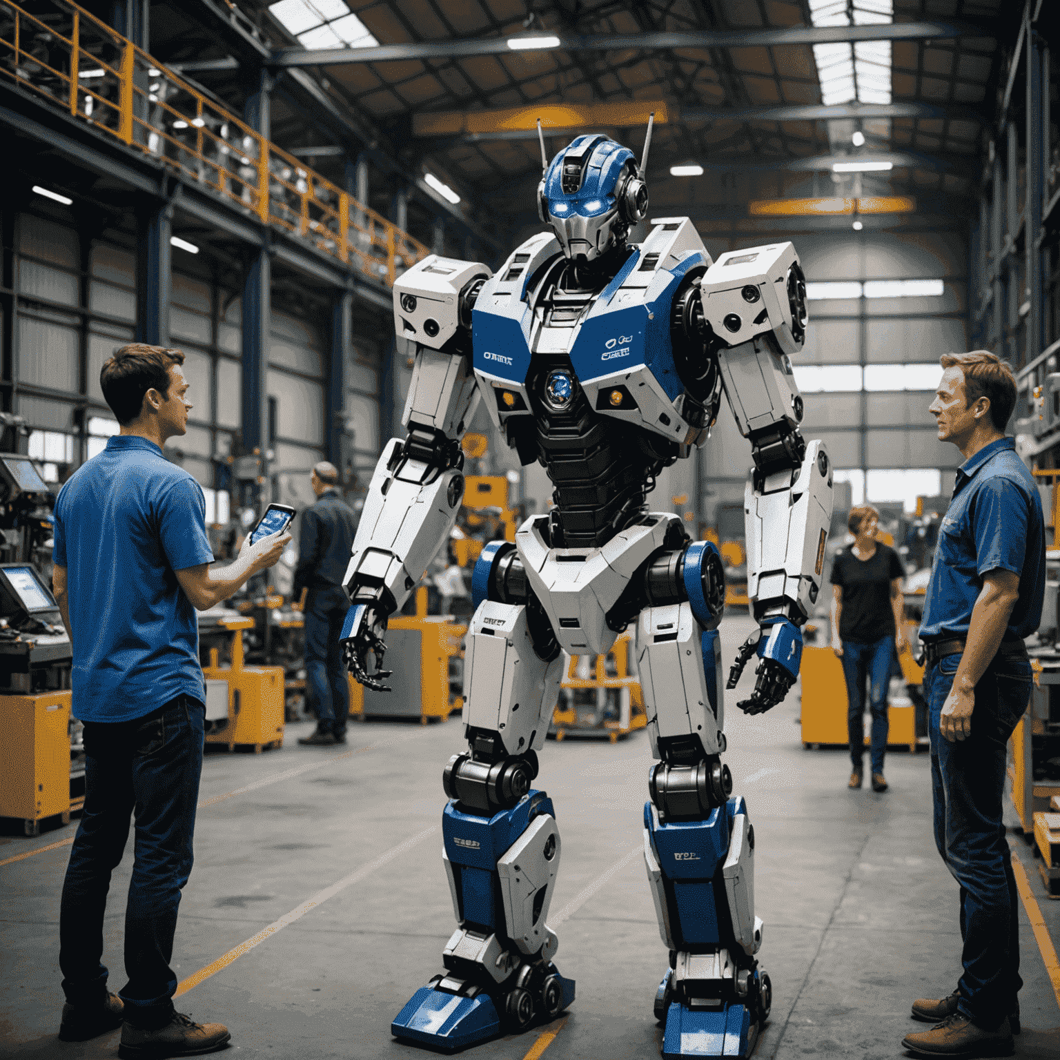 Optimus Gen 2 robot interacting with humans in a factory setting, showcasing its advanced capabilities and raising ethical questions