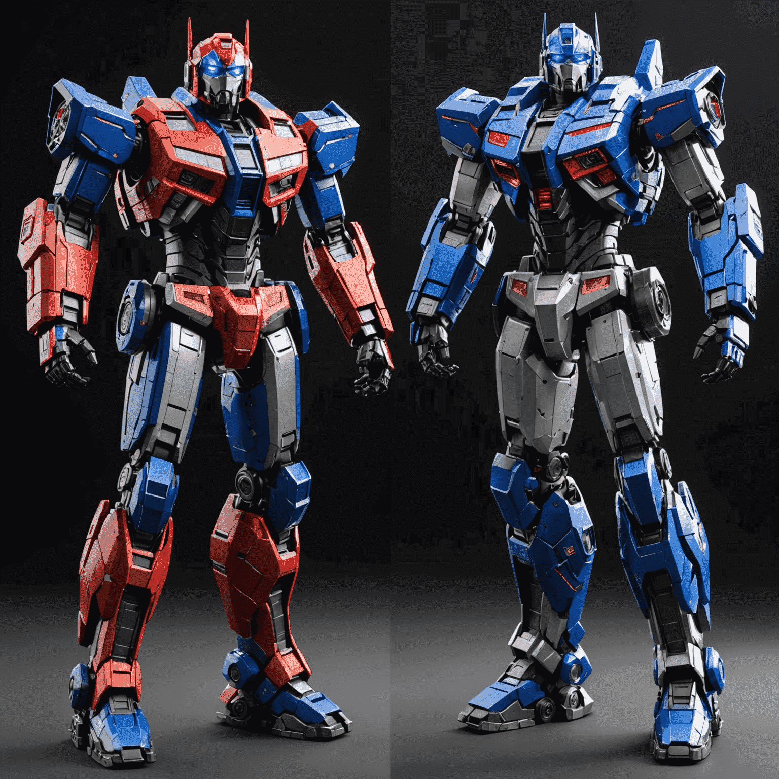 A side-by-side comparison of Optimus Gen 1 and Gen 2, highlighting the visible improvements in design and capabilities, with holographic projections showing potential future upgrades